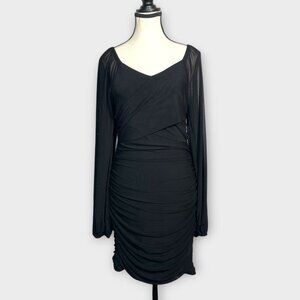 ZESICA Ruched Bodycon Mini Dress M Long Sheer Sleeves Black NEW